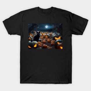 Sleek black cat in a creepy pumpkin patch T-Shirt